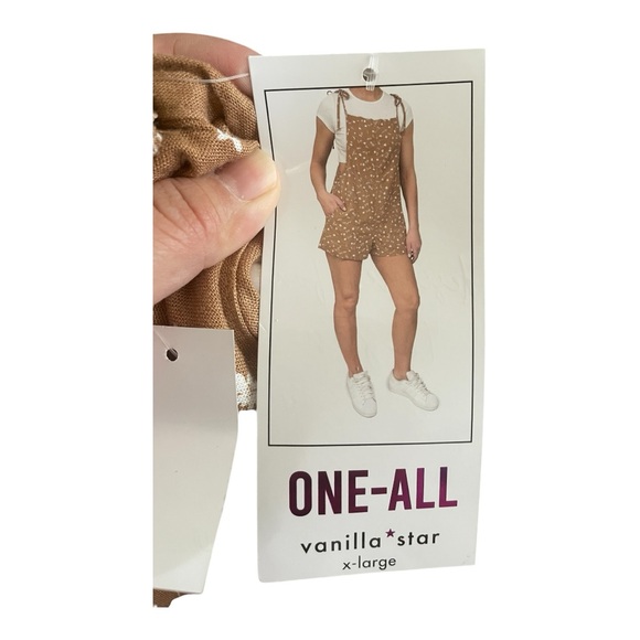 Vanilla Star Romper Overall XL Linen Ditsy Floral Tan White Tie Strap new casual - Picture 6 of 6